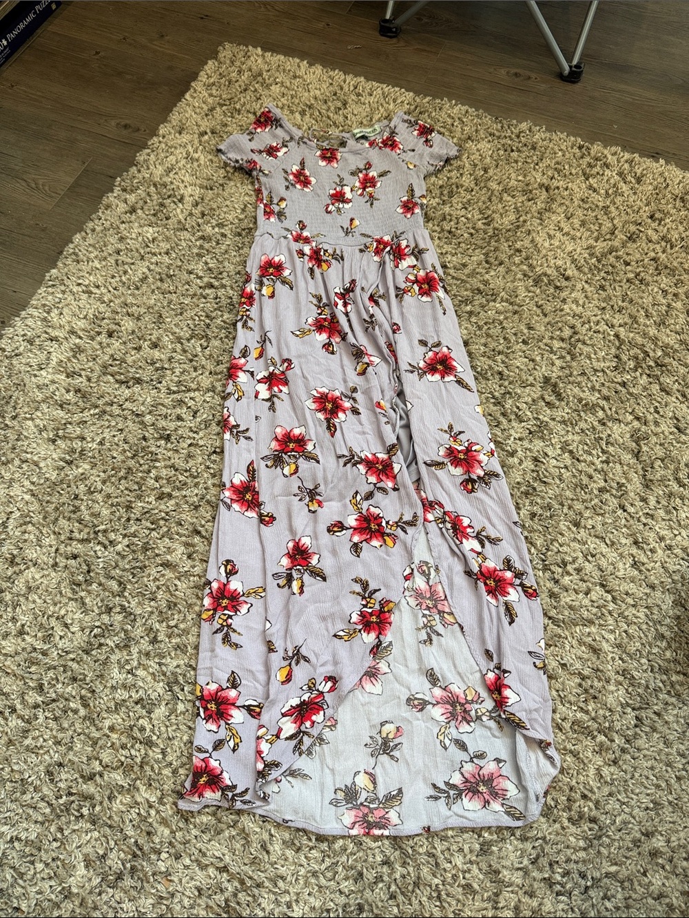 Almost Famous Lavender Maxi Dress with Red Floral Print